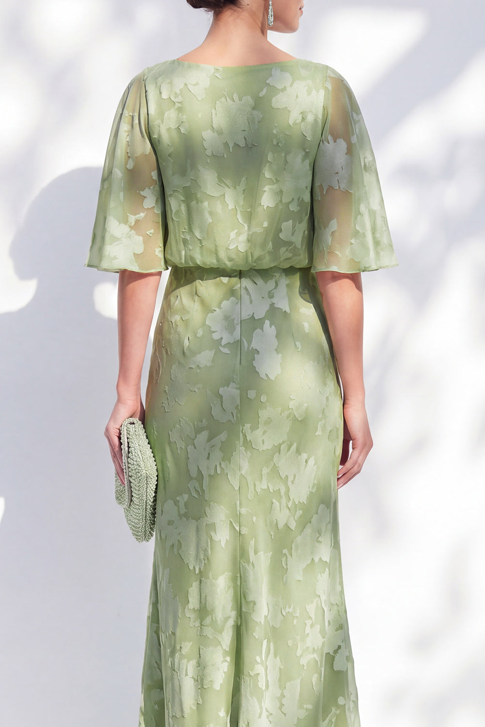 Sage Green Mermaid Chiffon Floral Ruffled Bateau Neck Long Mother Of the Bride Dress