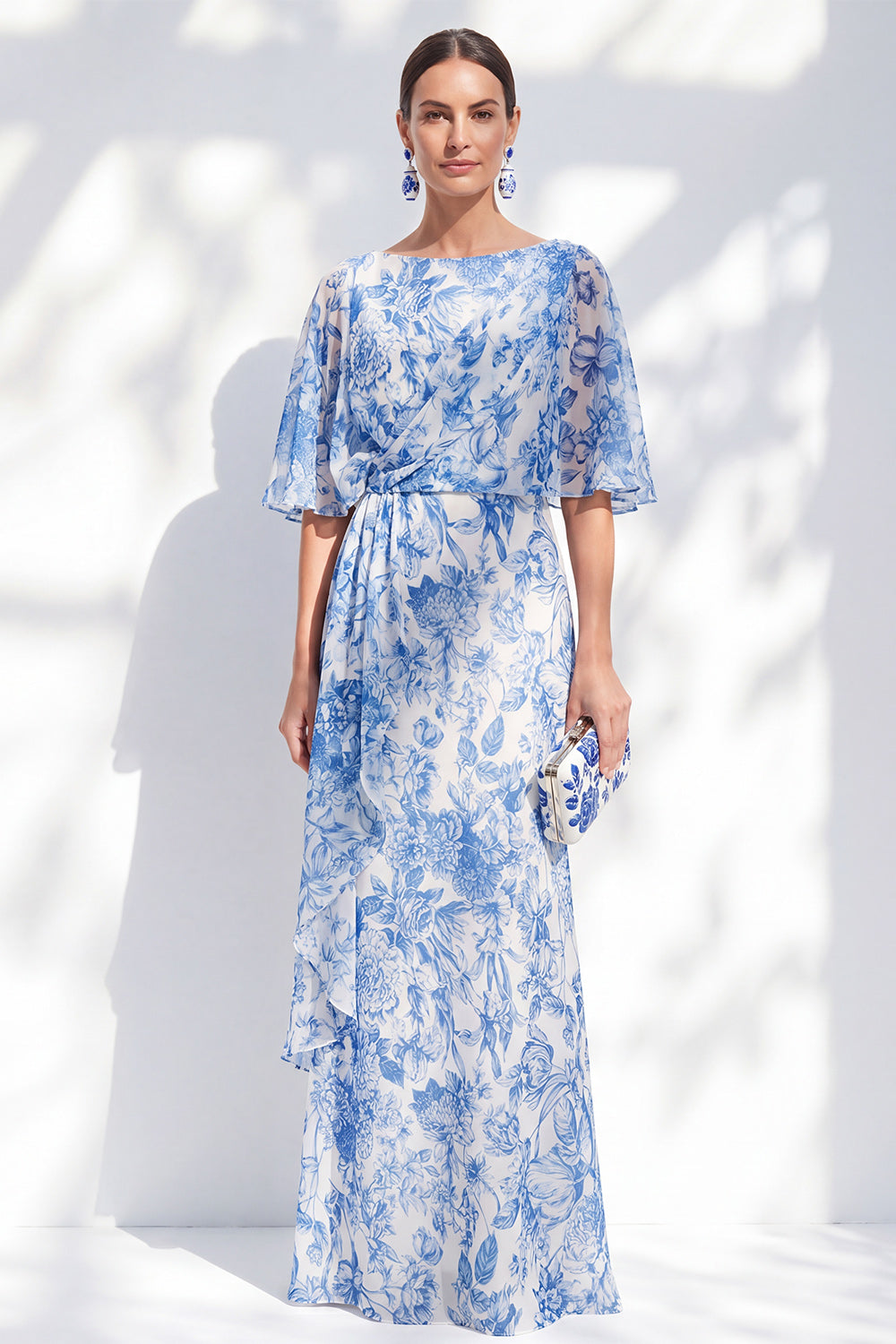 White Blue Flower Mermaid Chiffon Bateau Neck Long Ruffled Mother Of the Bride Dress