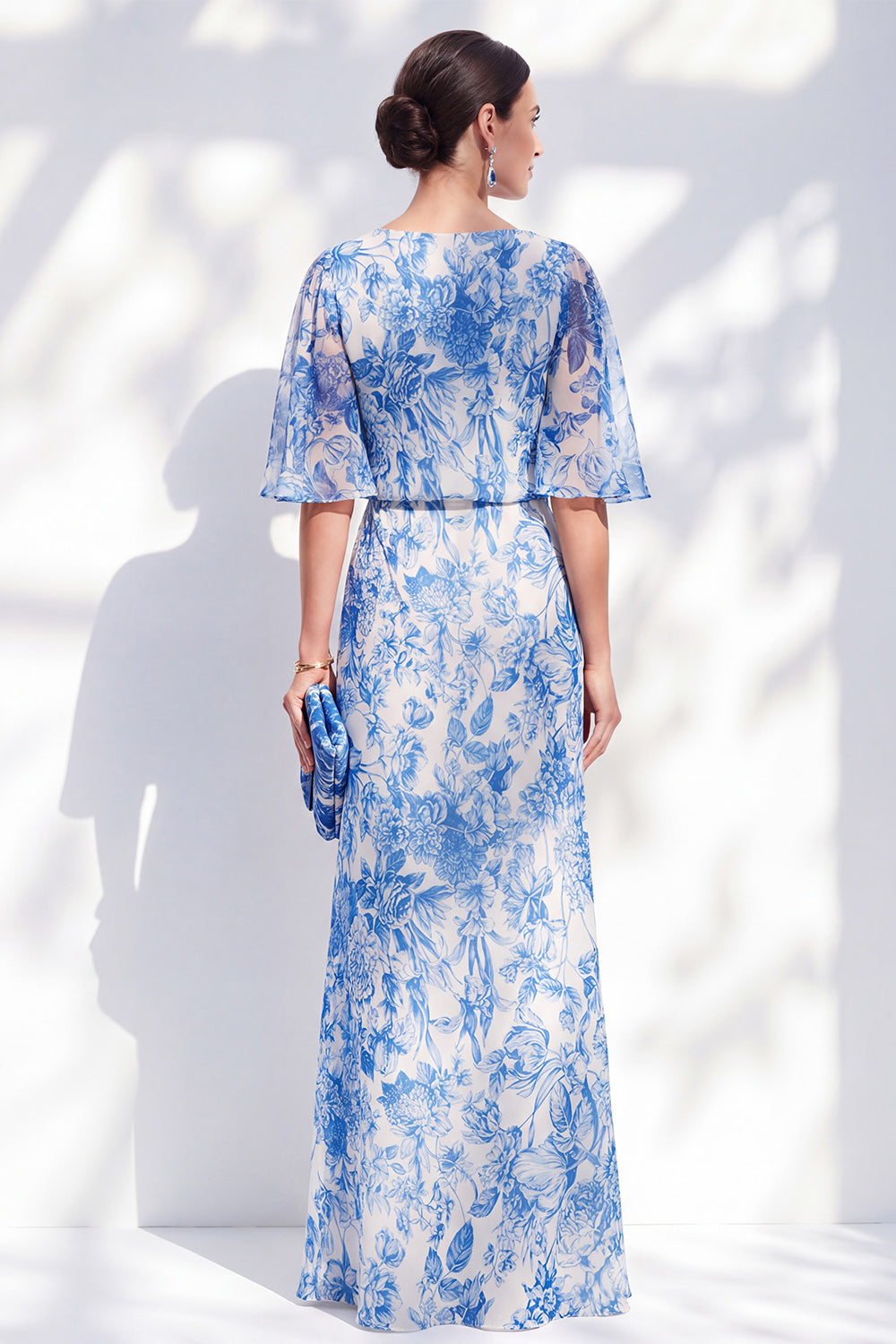 White Blue Flower Mermaid Chiffon Bateau Neck Long Ruffled Mother Of the Bride Dress