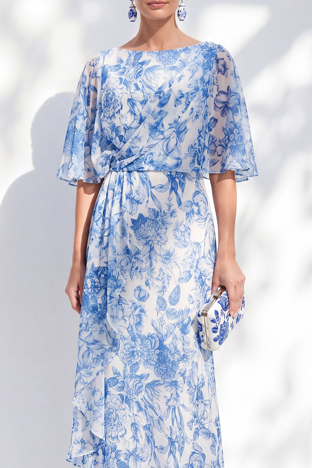 White Blue Flower Mermaid Chiffon Bateau Neck Long Ruffled Mother Of the Bride Dress
