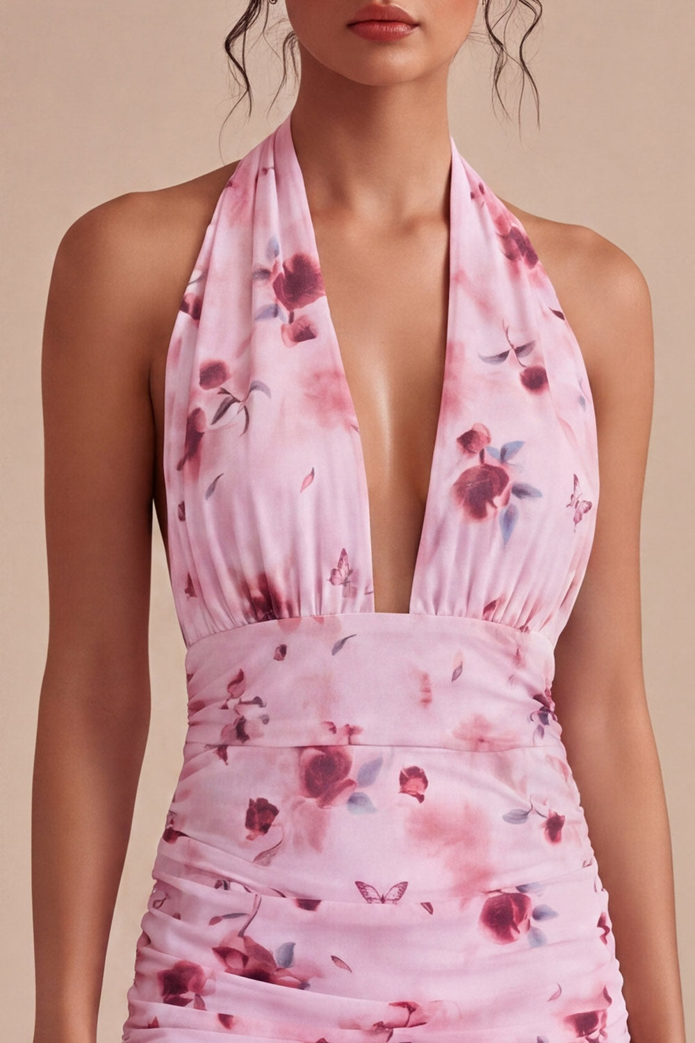 Mini-robe de cocktail moulante en mousseline à imprimé floral rose, avec col halter et nœud