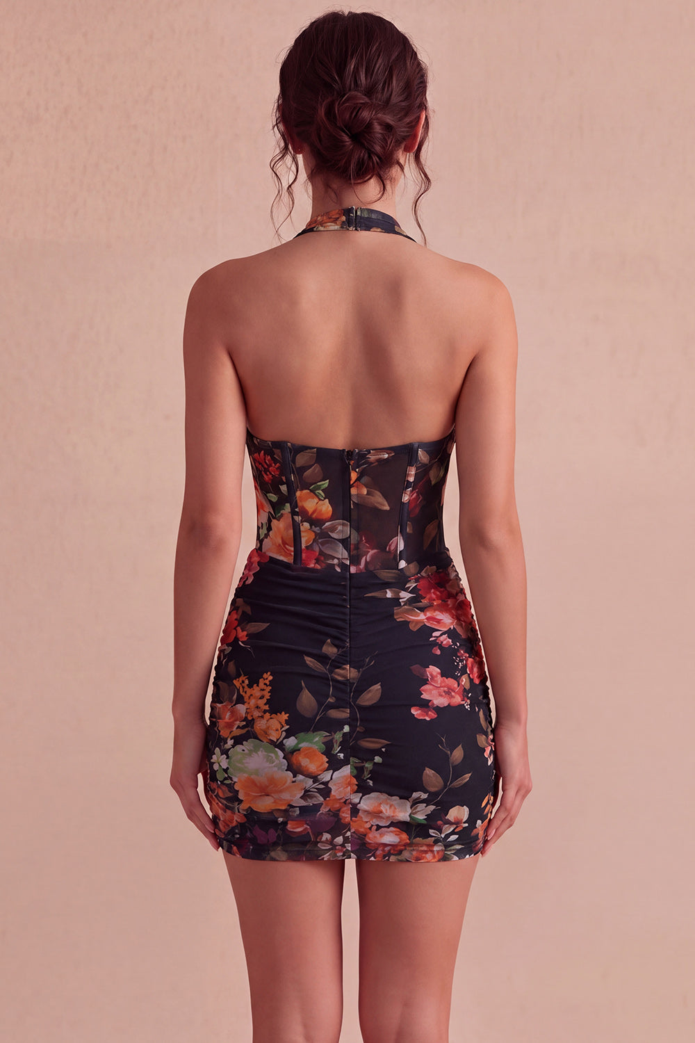 Black Halter Neck Floral Sheer Corset Bodycon Mini Cocktail Dress