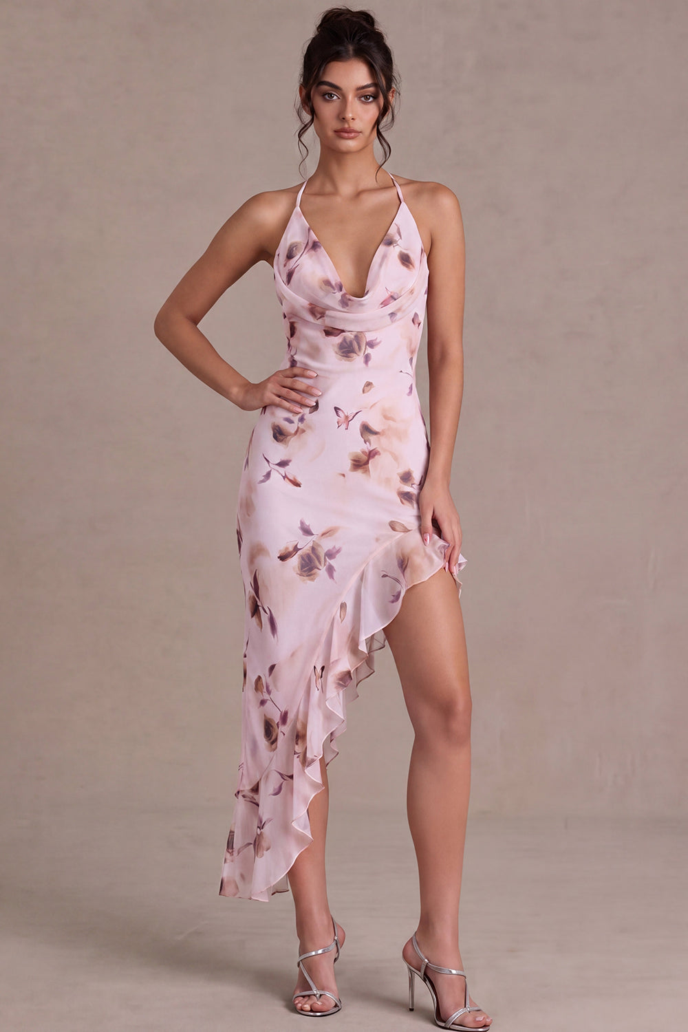 Pink Halter Neck Floral Asymmetrical Cocktail Dress with Ruffles