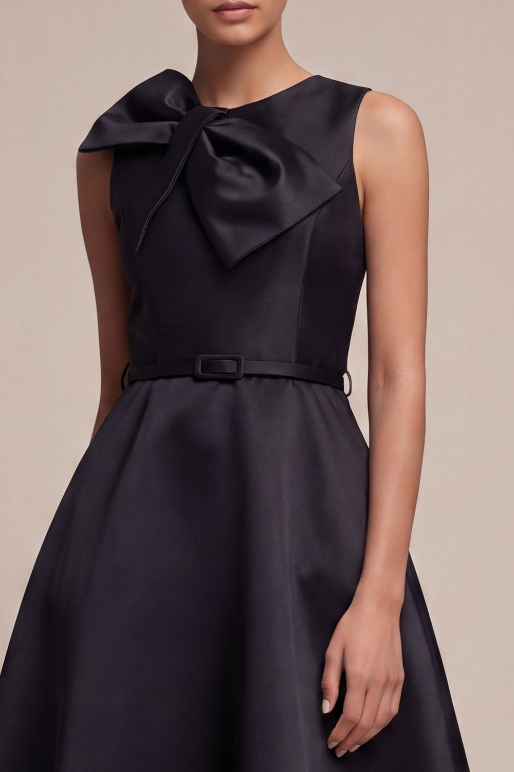 Black Round Neck A Line Midi Formal Dress with Bow