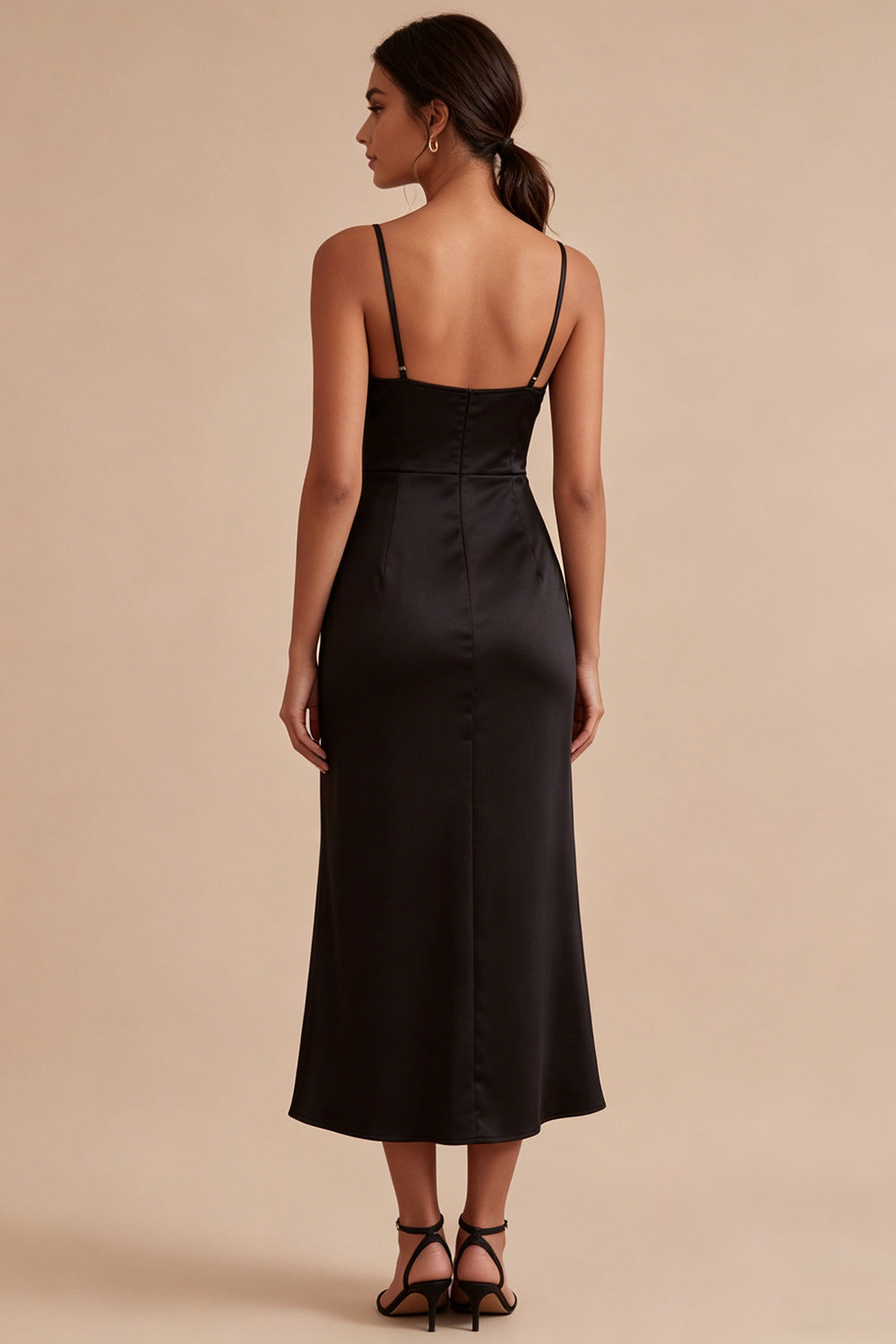 Spaghetti Straps Ruched Mermaid Midi Black Tie Dress
