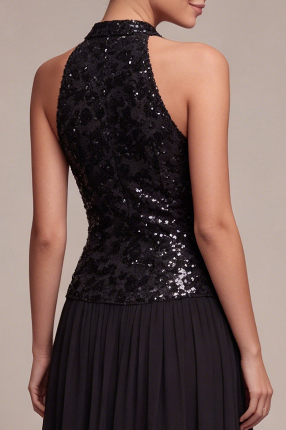 Sparkly High Neck A Line Long Black Tie Dress with Sequins