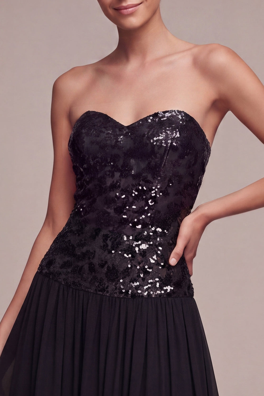 Sparkly Strapless A-Line Midi Sequin Black-Tie Dress