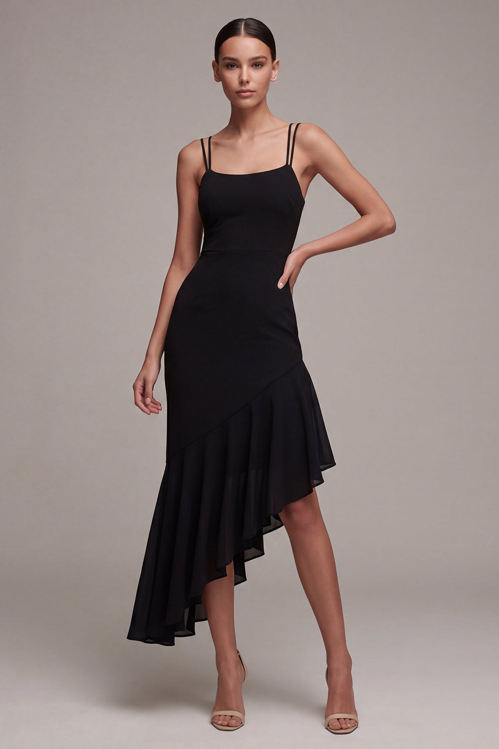 Robe de Soirée Asymétrique Sirène Noire à Bretelles Fines avec Volants