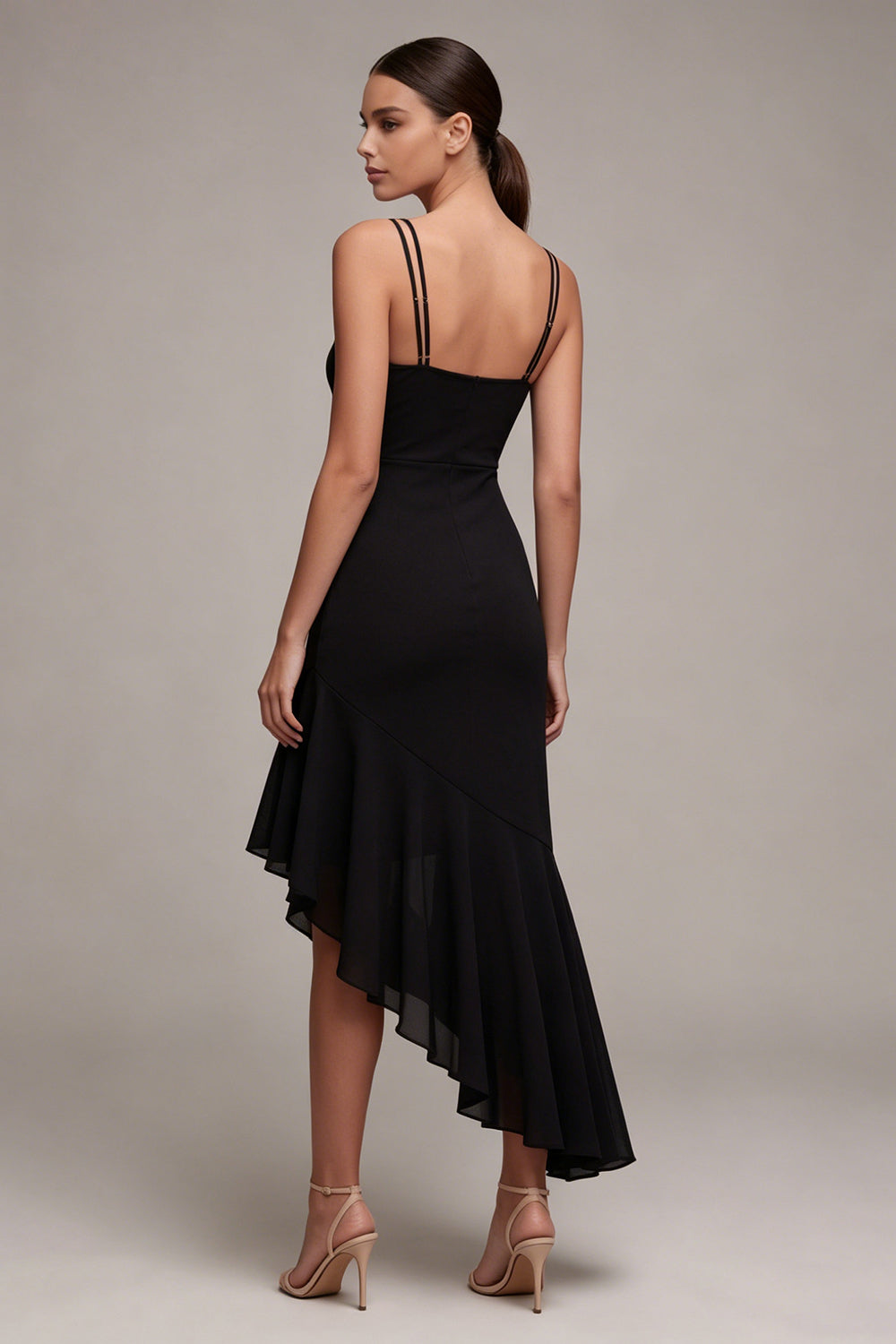 Robe de Soirée Asymétrique Sirène Noire à Bretelles Fines avec Volants