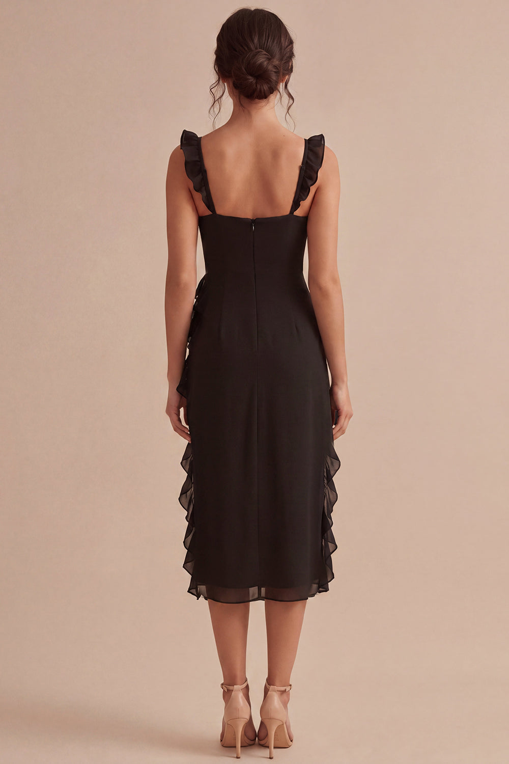Black Ruffled Thick Straps Midi Formal Dress with Slit