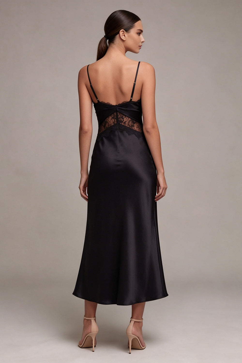 Black Mermaid Spaghetti Straps Midi Formal Dress with Lace