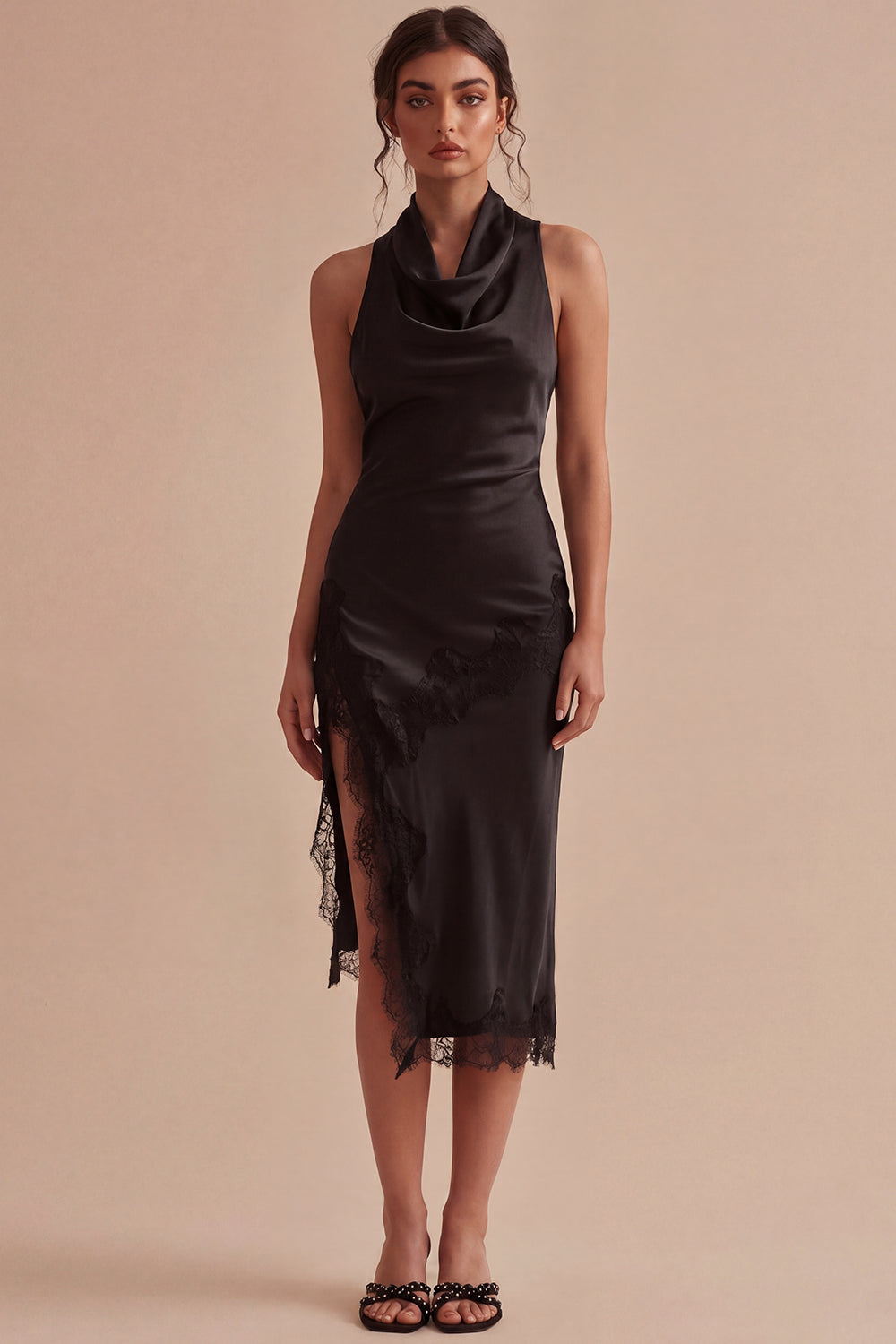 Robe de soirée sirène midi noire licou dos nu avec fente