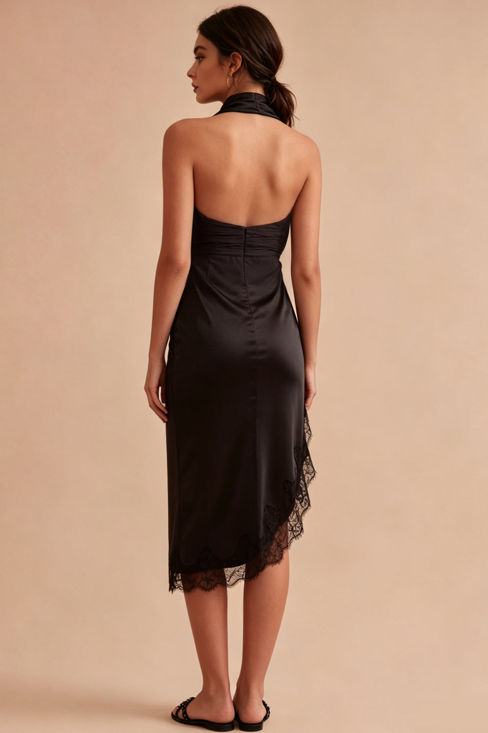 Robe de soirée sirène midi noire licou dos nu avec fente