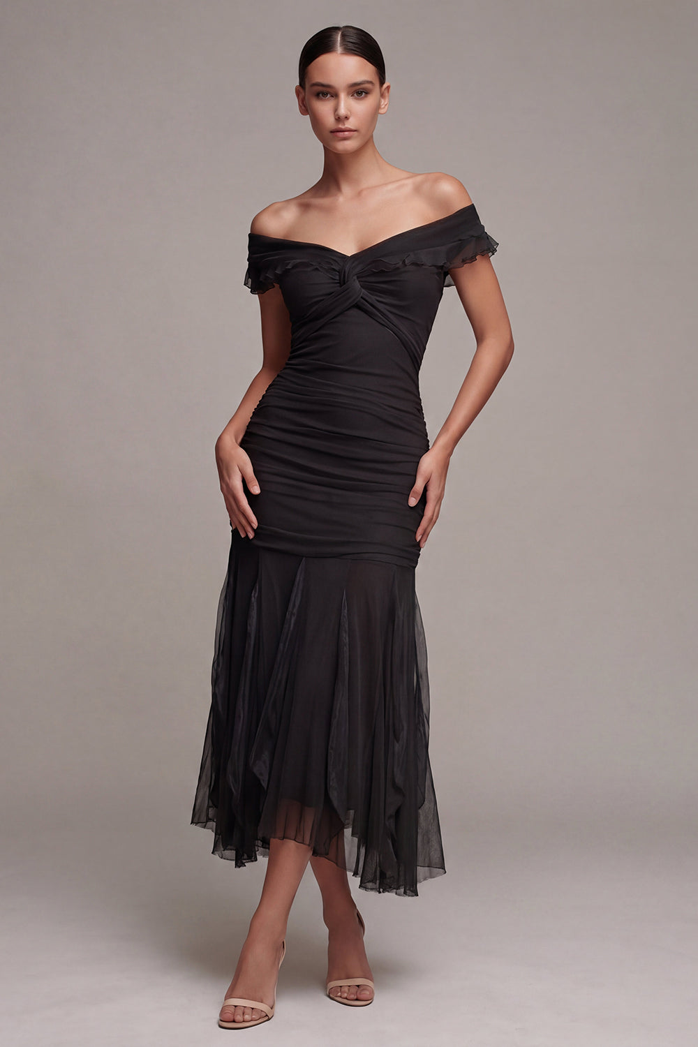 Black Off the Shoulder Mermaid Ruched Long Formal Dress with Ruffles