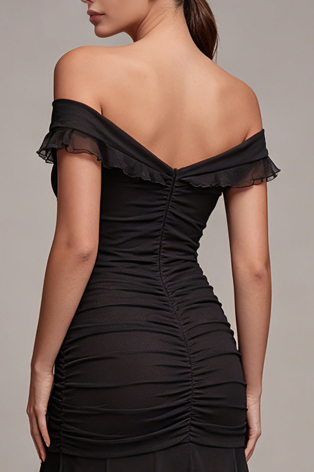 Black Off the Shoulder Mermaid Ruched Long Formal Dress with Ruffles