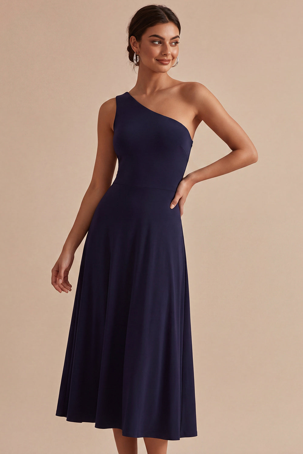 Navy One-Shoulder A-Line Long Formal Dress
