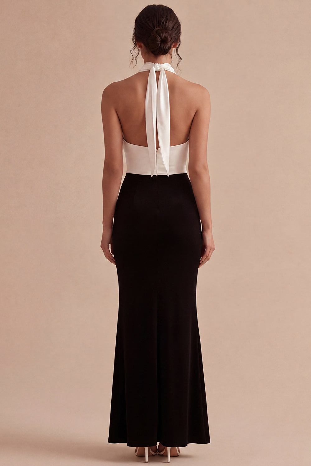 Black and White Halter Keyhole Backless Long Mermaid Formal Dress with Slit