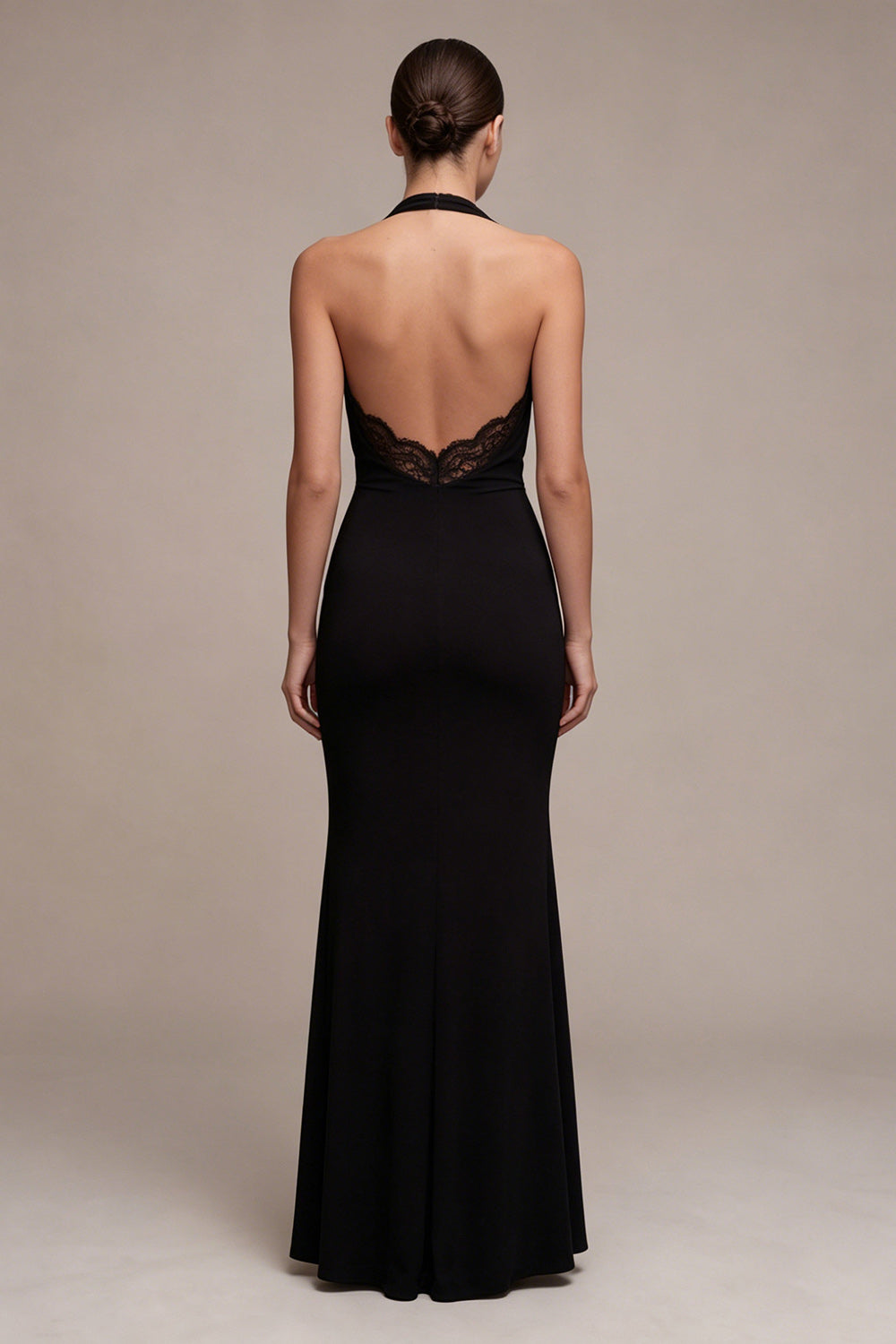 Robe longue de soirée sirène noire sans manches avec dos nu et dentelle