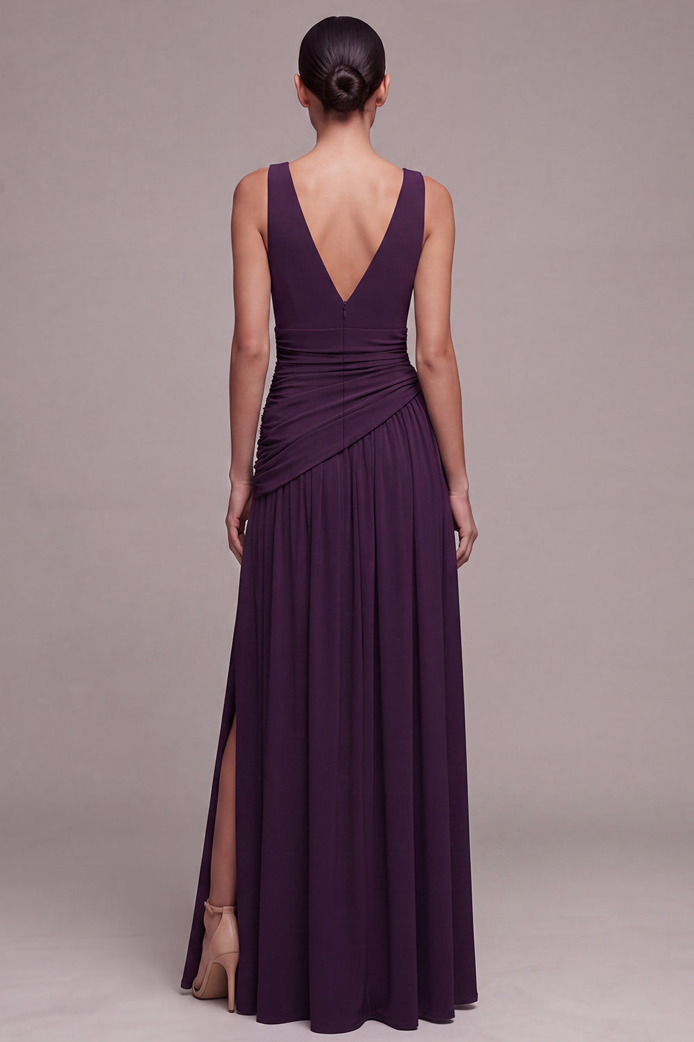 Plum A Line V Neck Ruched Formal Dress with Rhinestone