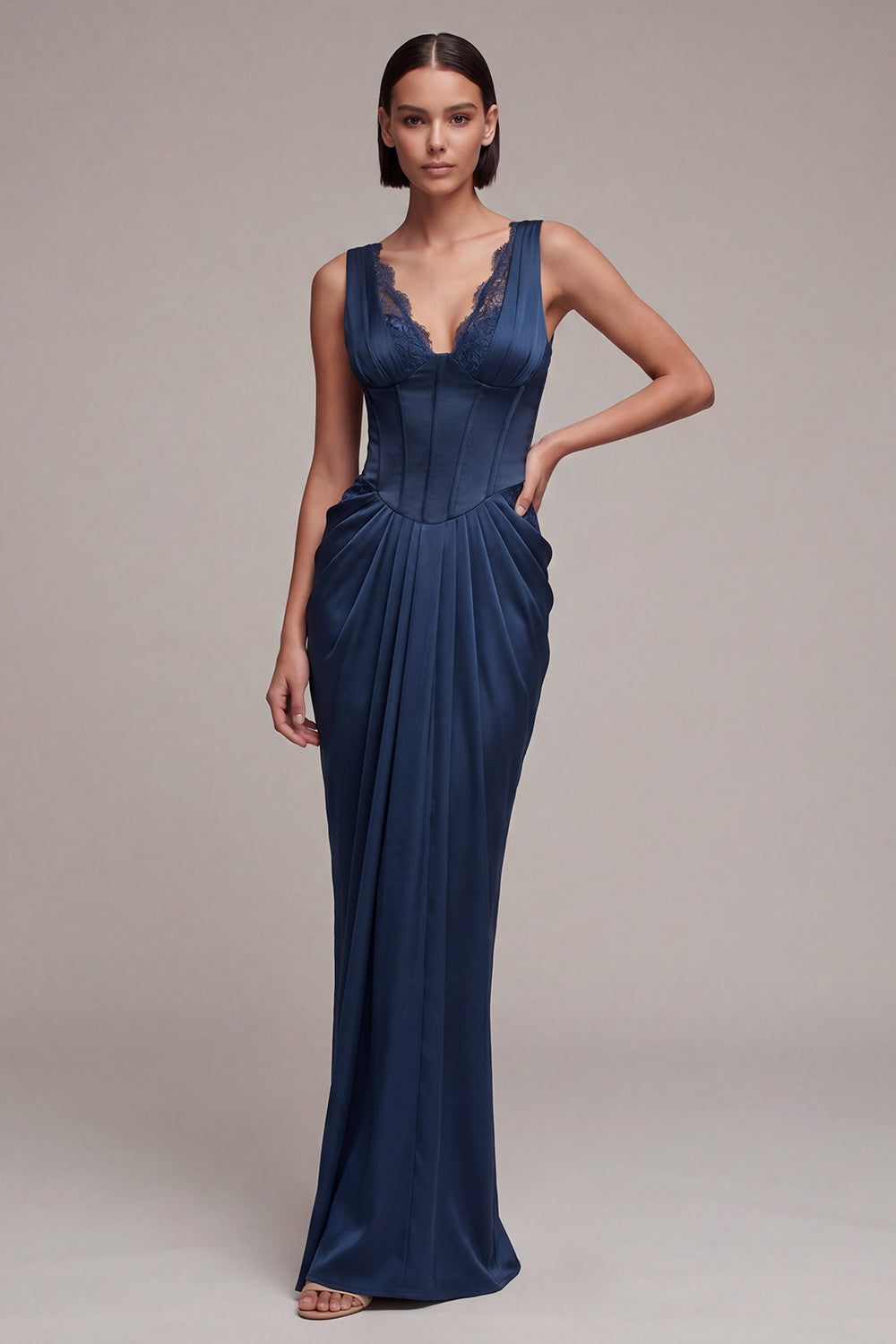 Navy Mermaid Corset Satin Formal Dress with Lace