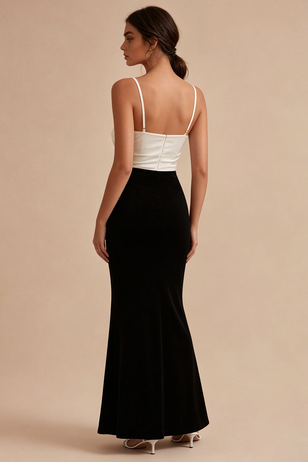 Mermaid Black and White Spaghetti Straps Formal Dress with Slit