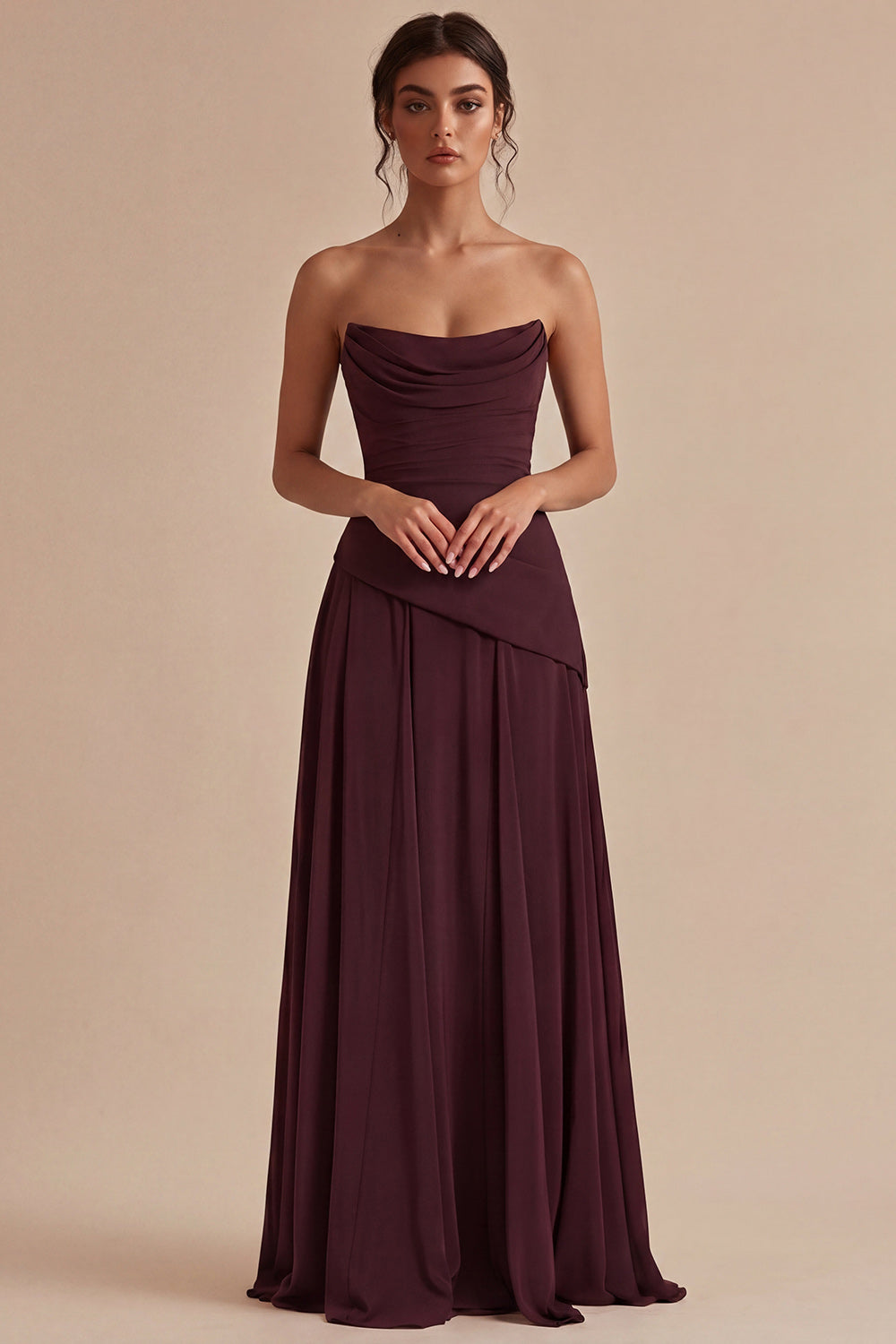 Robe de soirée longue bustier froncée ligne A bordeaux