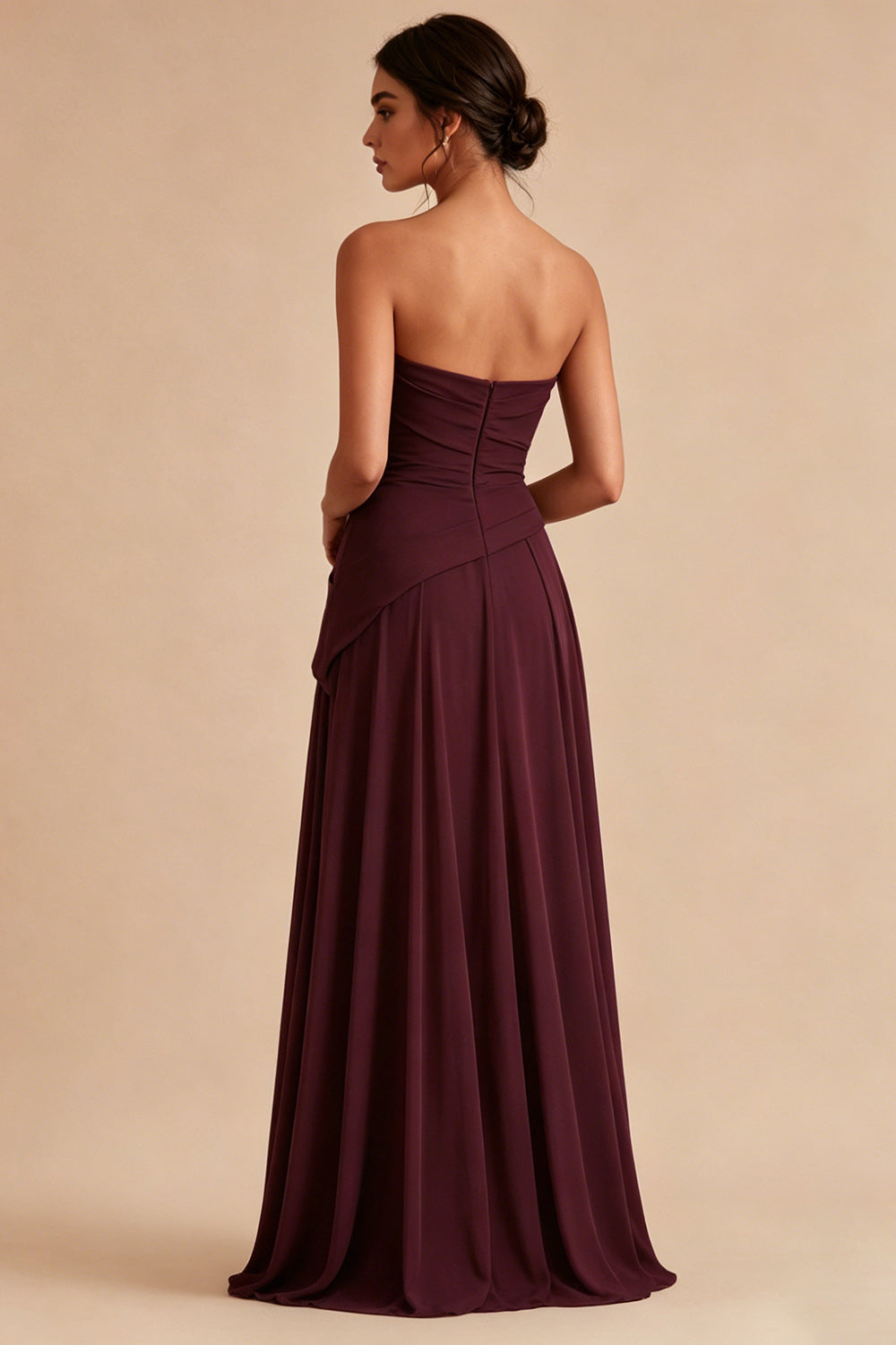 Robe de soirée longue bustier froncée ligne A bordeaux