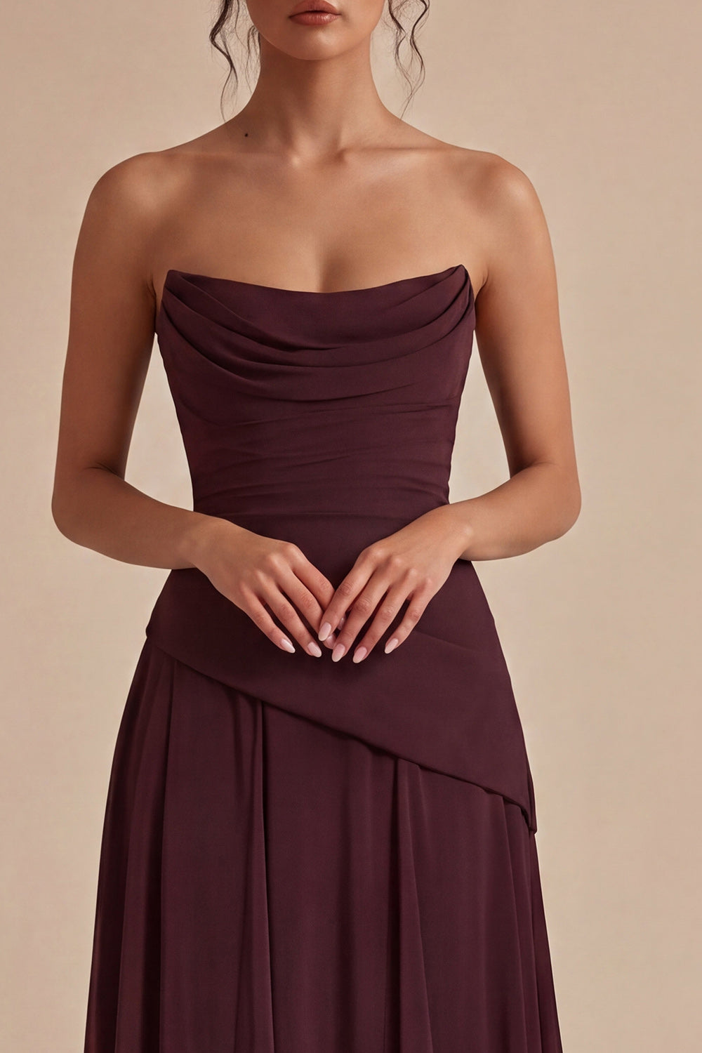Robe de soirée longue bustier froncée ligne A bordeaux