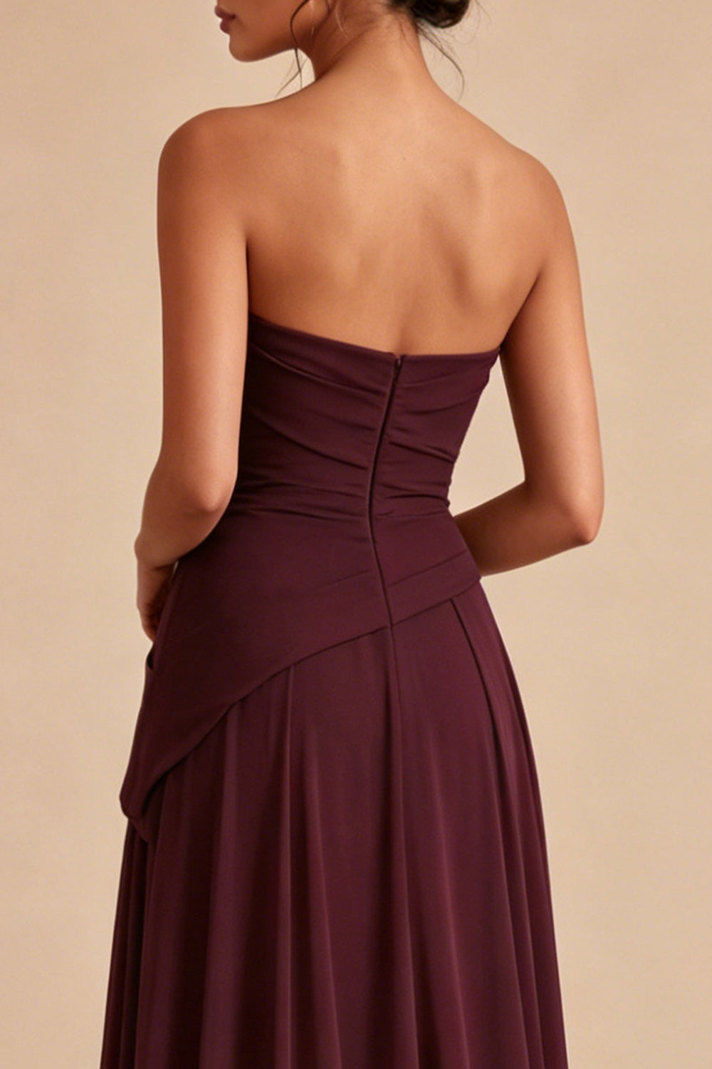 Robe de soirée longue bustier froncée ligne A bordeaux
