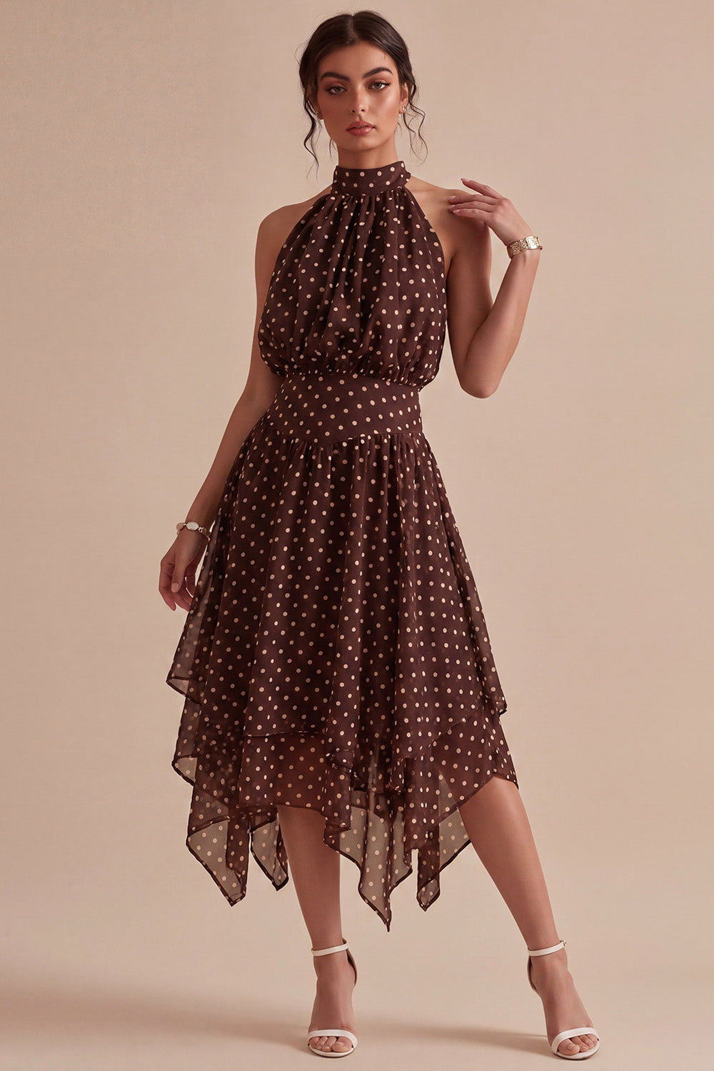 Coffee and White High Neck A-Line Asymmetrical Polka Dot Dress