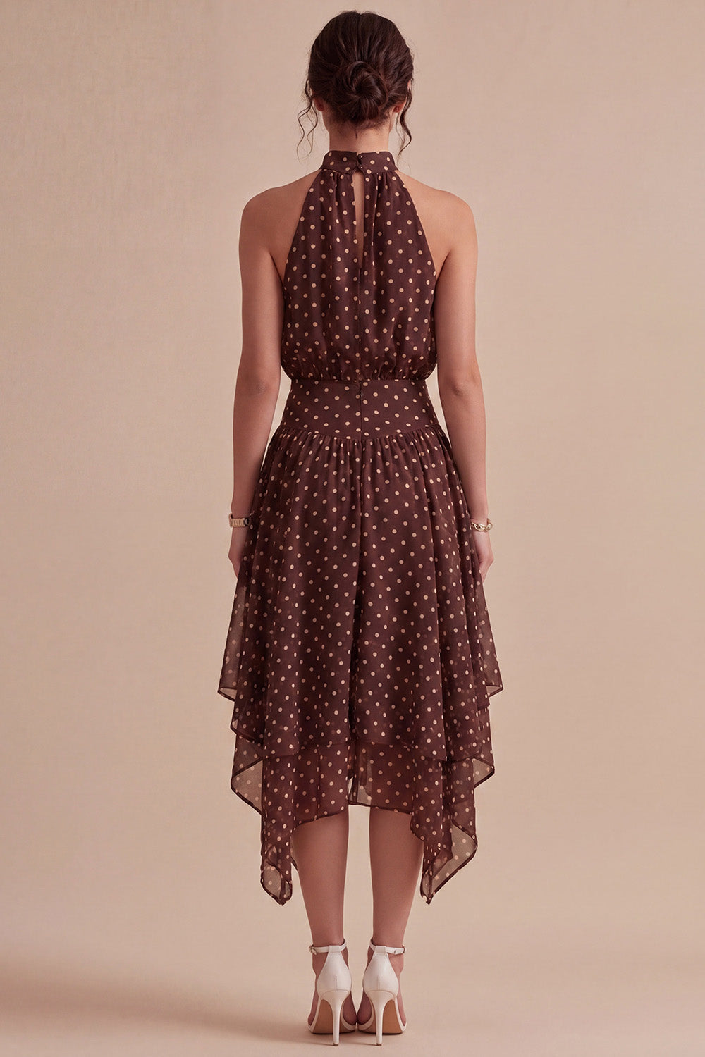 Coffee and White High Neck A-Line Asymmetrical Polka Dot Dress
