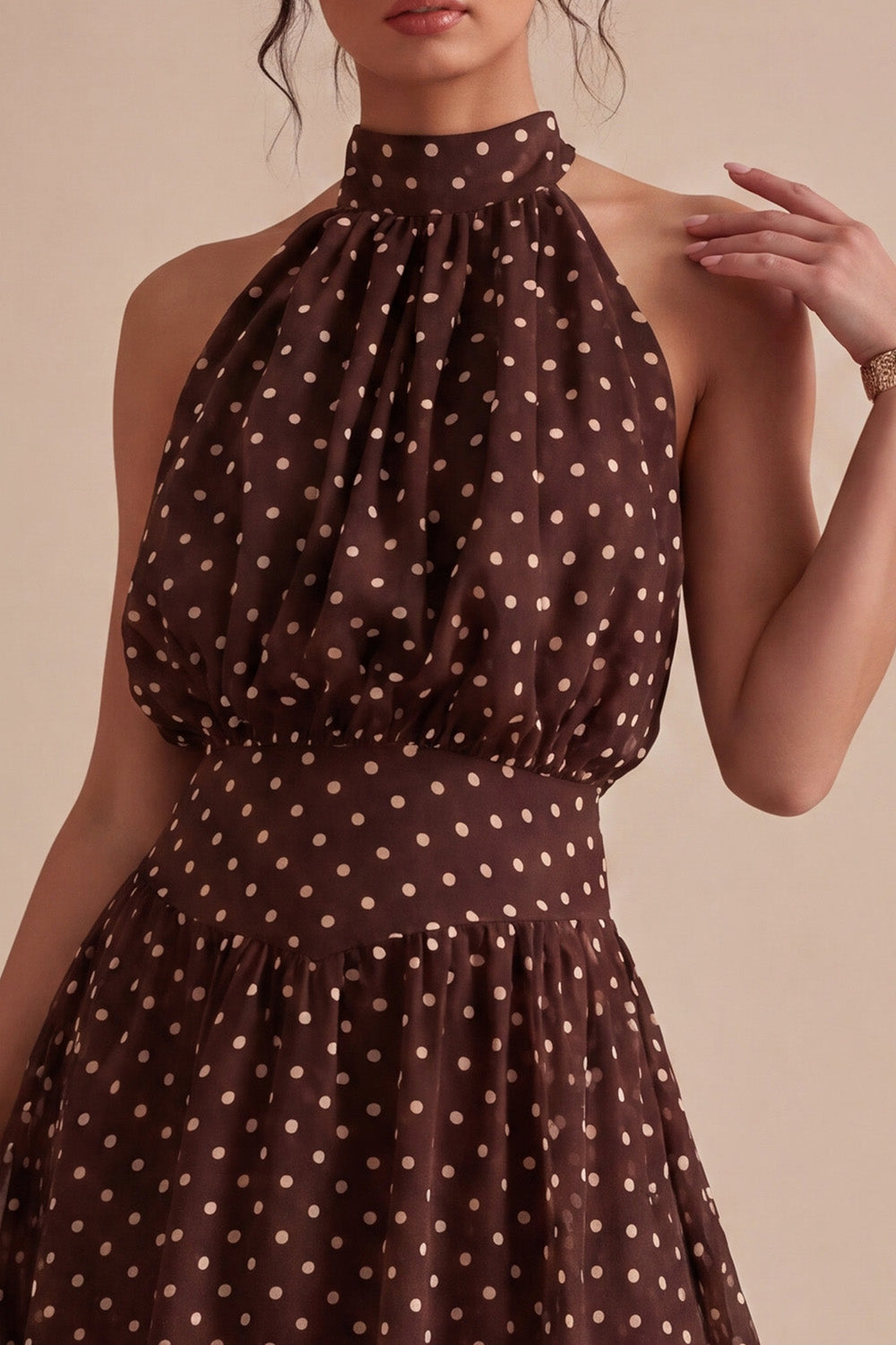 Coffee and White High Neck A-Line Asymmetrical Polka Dot Dress