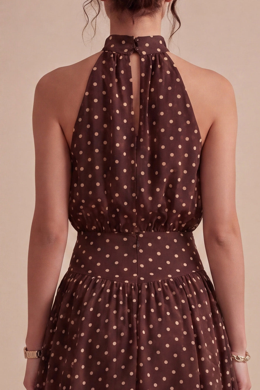 Coffee and White High Neck A-Line Asymmetrical Polka Dot Dress