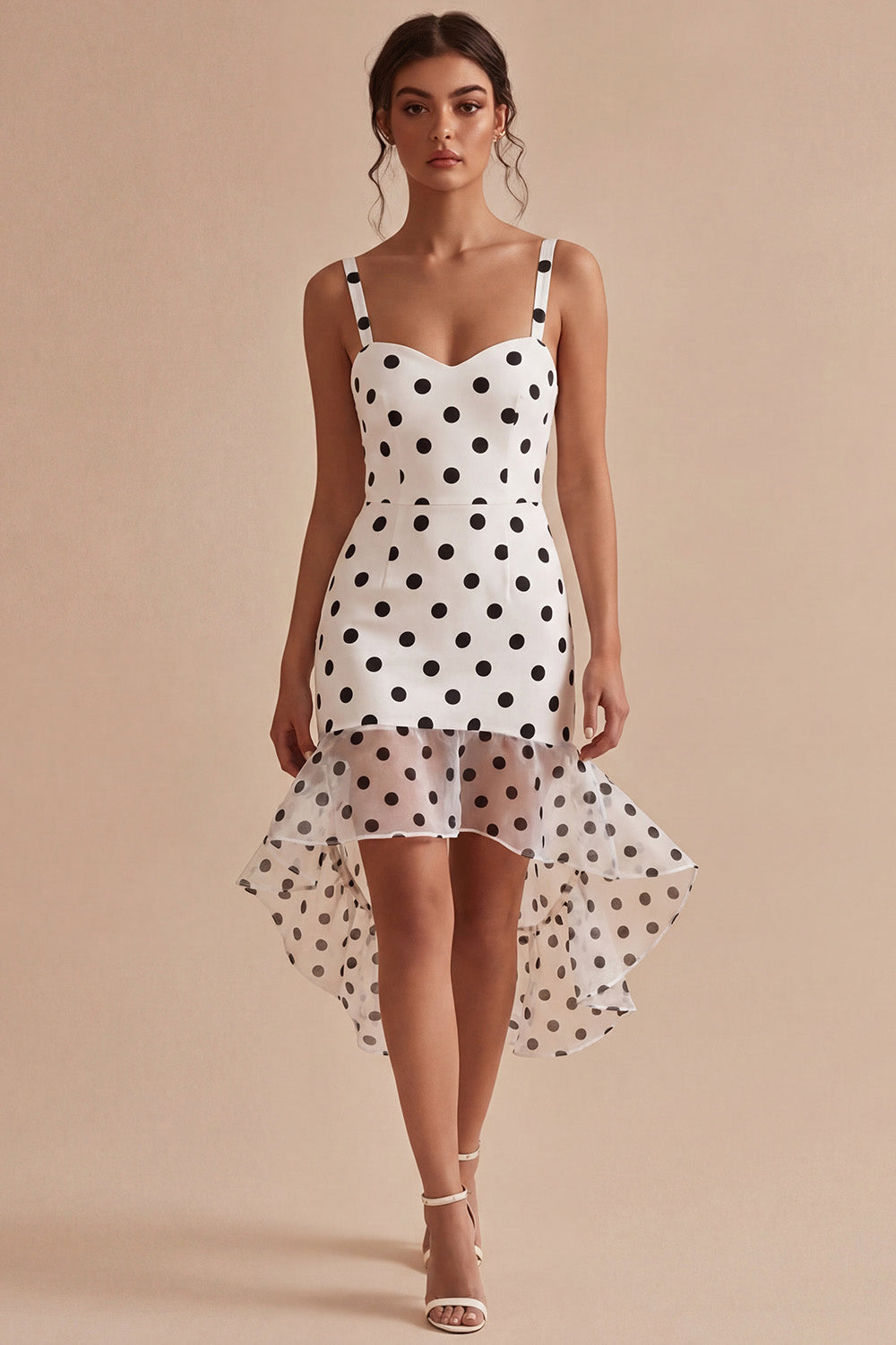White Black Dots Ruffled High Low Graduation Dress