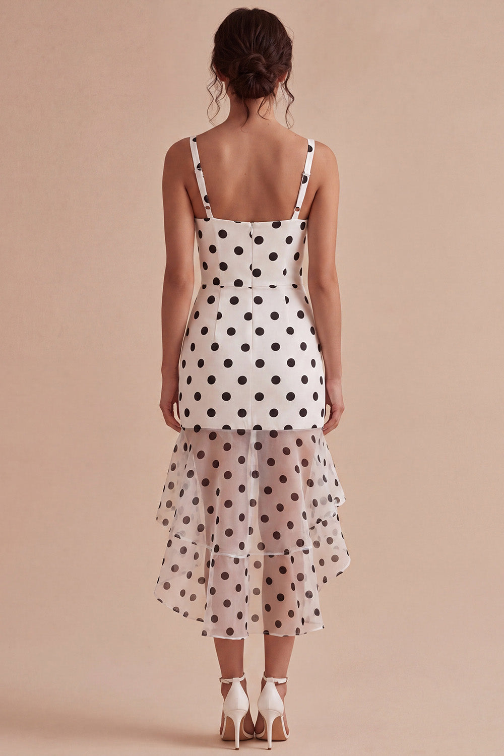 White Black Dots Ruffled High Low Graduation Dress