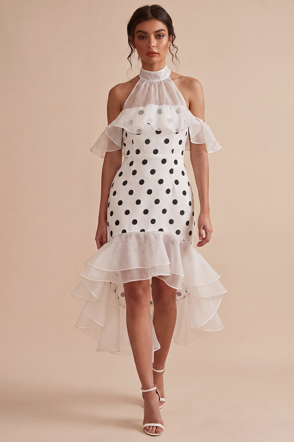 Cold Shoulder White Black Dots Ruffled High Low Mermaid Graduation Dress