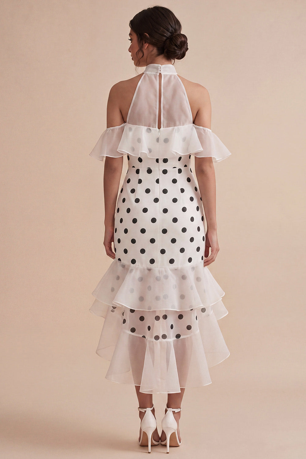 Cold Shoulder White Black Dots Ruffled High Low Mermaid Graduation Dress