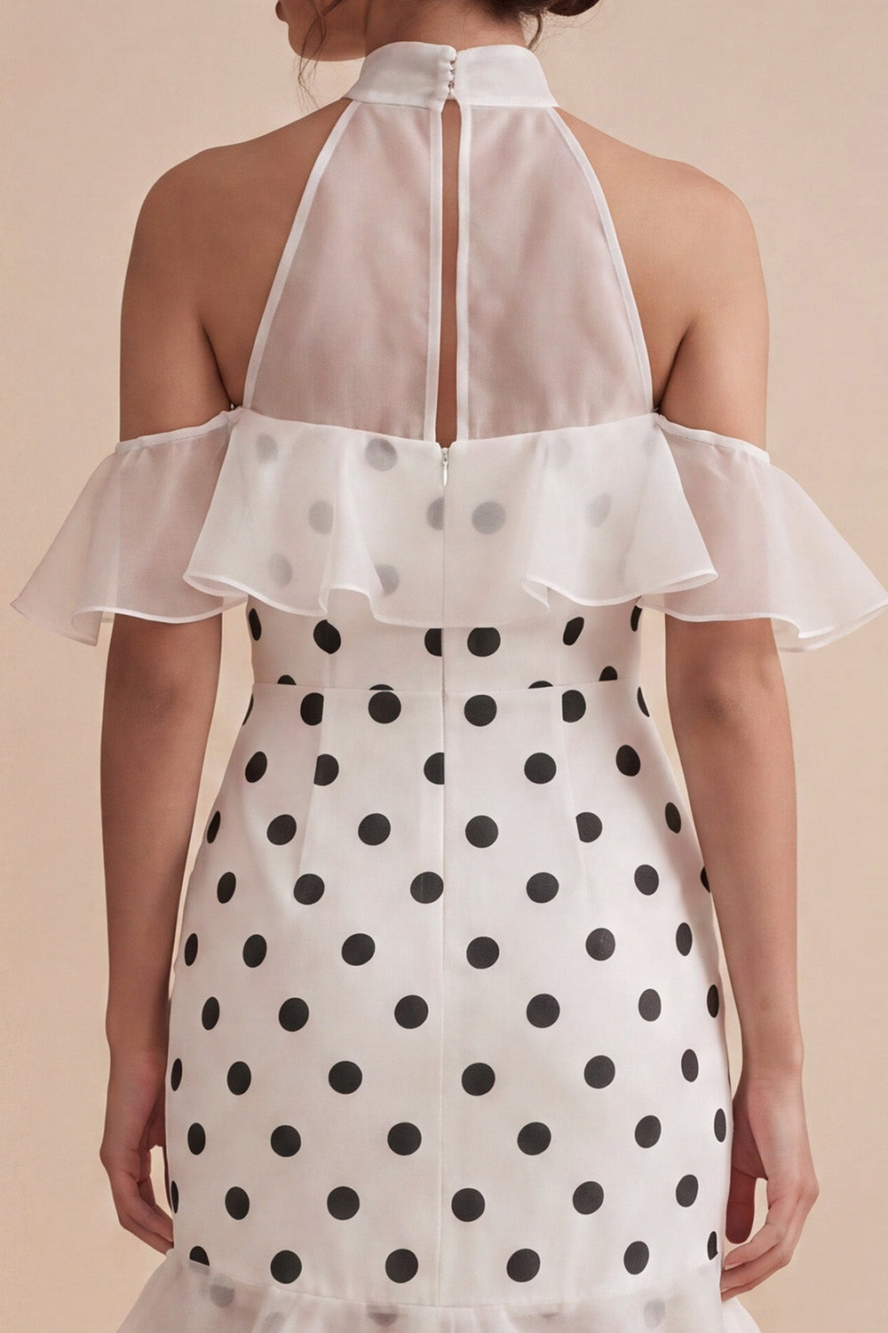 Cold Shoulder White Black Dots Ruffled High Low Mermaid Graduation Dress