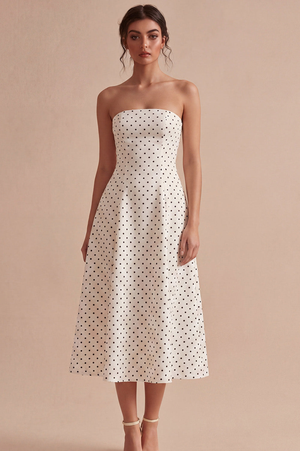 Robe midi bustier évasée à pois noir et blanc