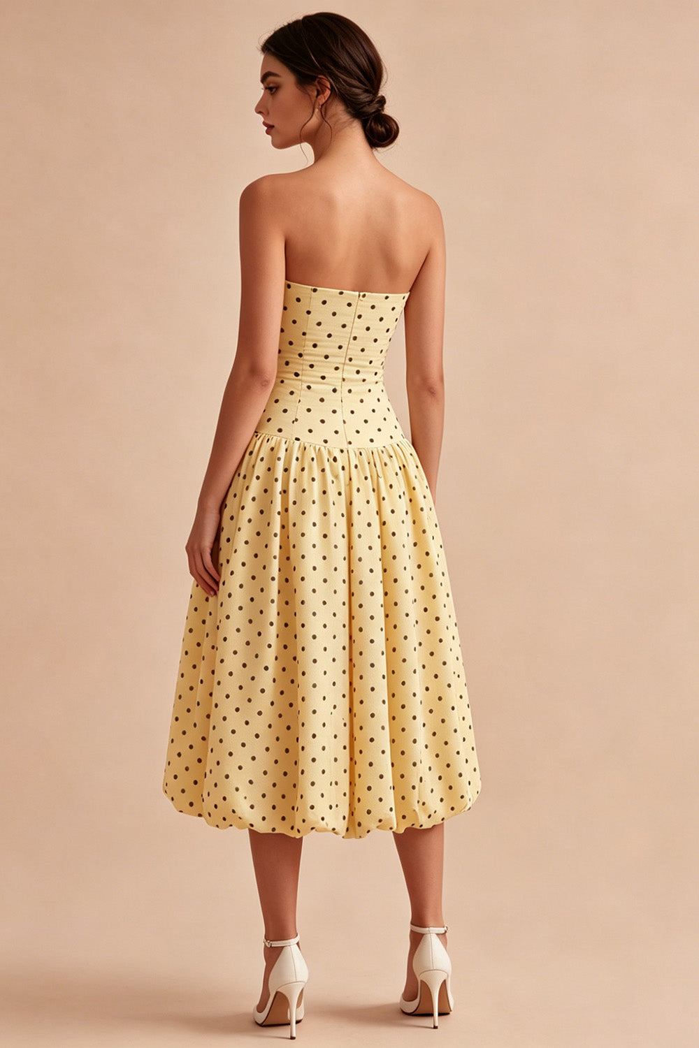 Vestido Midi Amarillo y Negro Línea A Sin Tirantes con Lunares