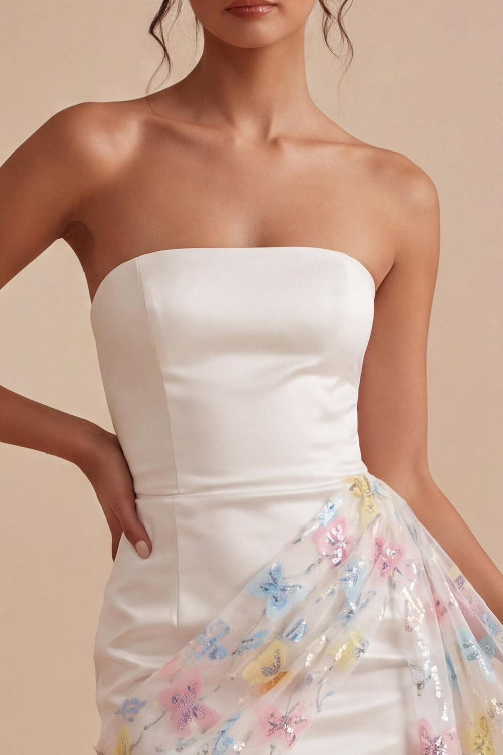 Strapless Floral White Fitted Short Beaded Graduation Dress with Sash