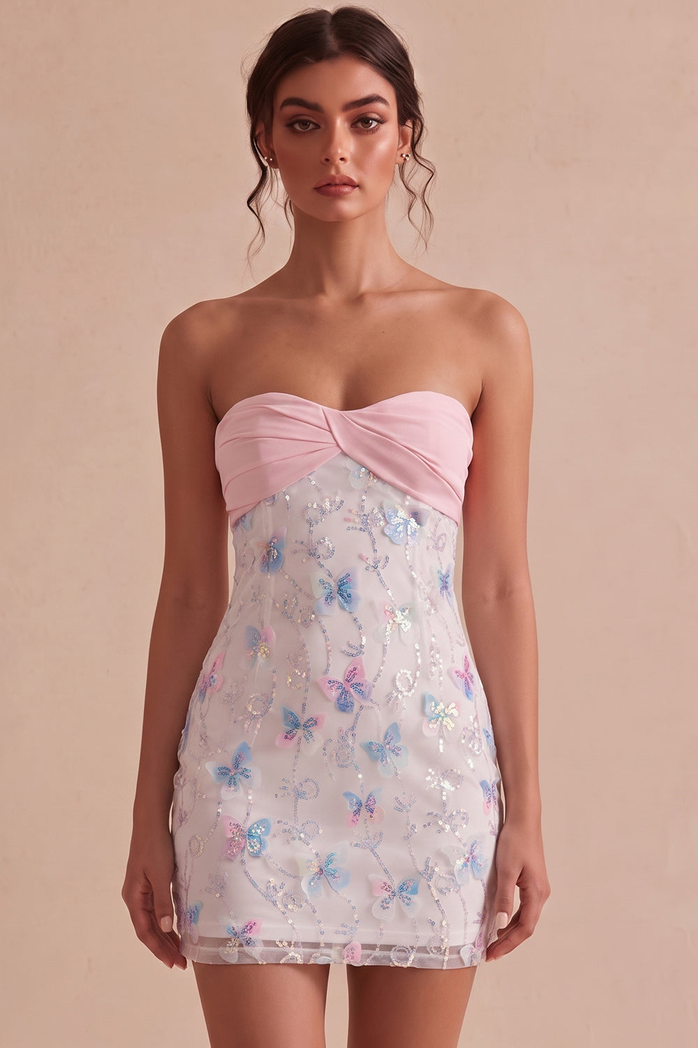 Sparkly Pink and White Floral Tight Mini Strapless Beaded Graduation Dress
