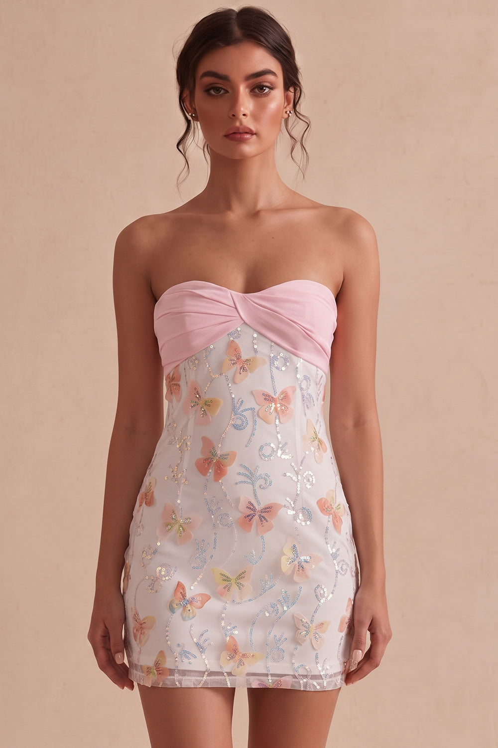 Sparkly Pink and White Floral Tight Mini Strapless Beaded Graduation Dress