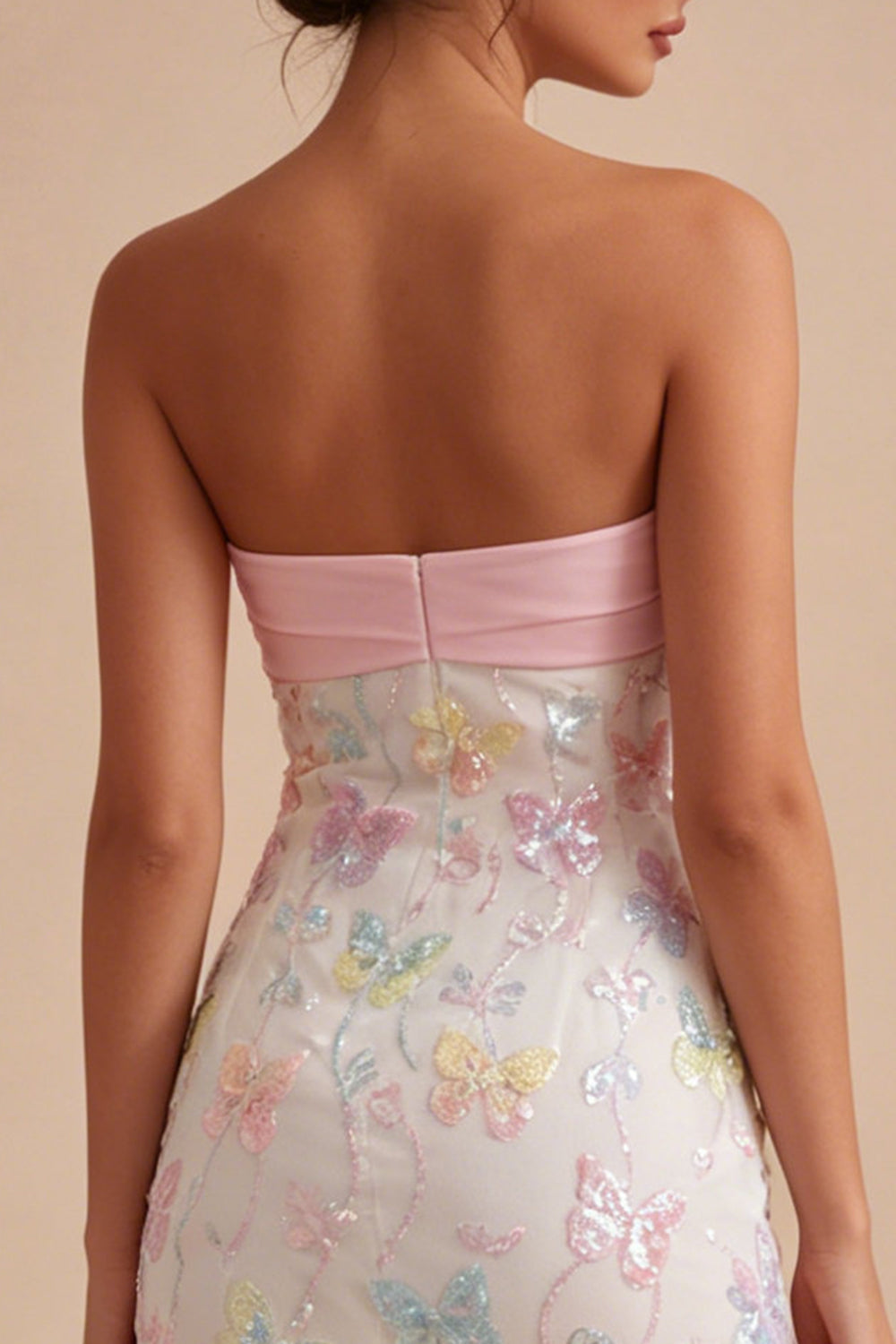 Sparkly Pink and White Floral Tight Mini Strapless Beaded Graduation Dress