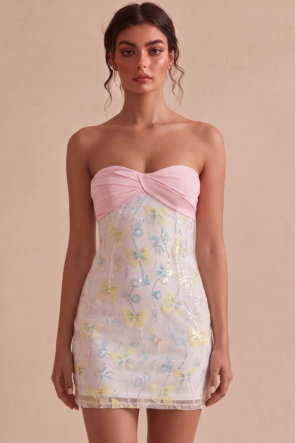 Sparkly Pink and White Floral Tight Mini Strapless Beaded Graduation Dress