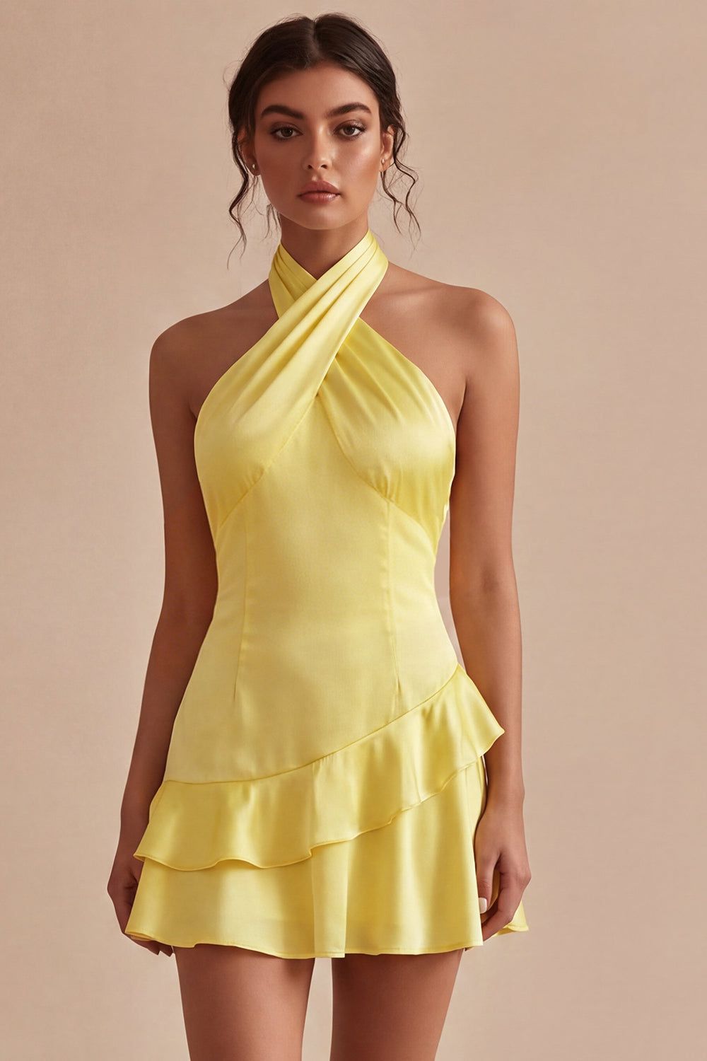 Robe de bal de fin d'année courte sans dos, à col montant et volants, coupe évasée, en narcisse