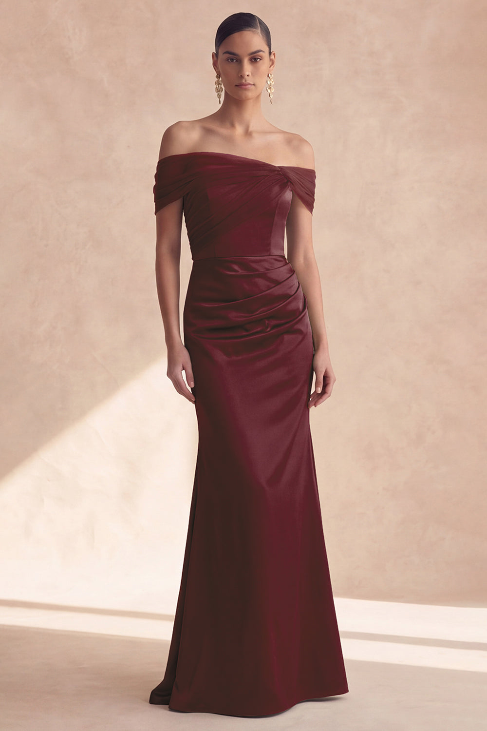 Off The Shoulder Olive Mermaid Ruched Bridesmaid Dress