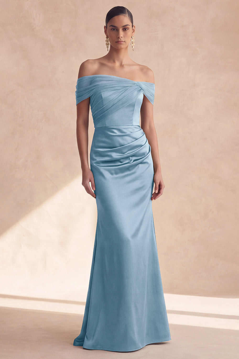 Off The Shoulder Olive Mermaid Ruched Bridesmaid Dress