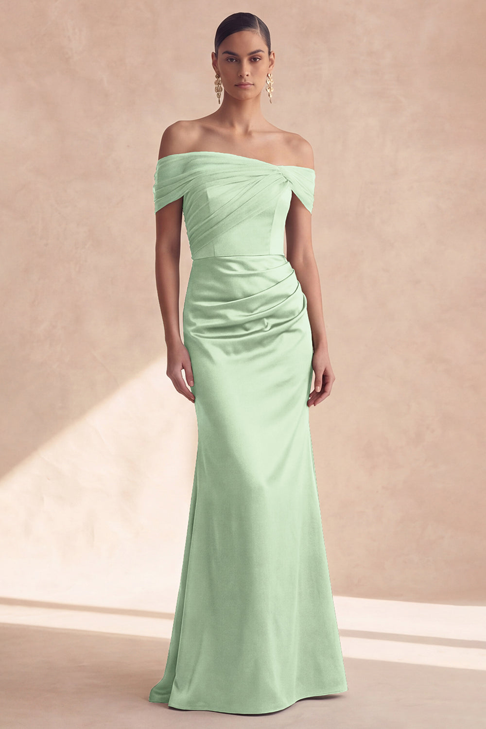 Off The Shoulder Olive Mermaid Ruched Bridesmaid Dress
