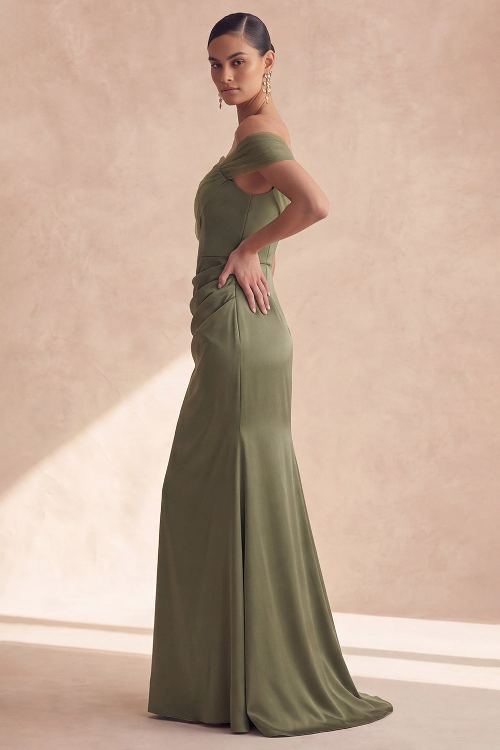 Off The Shoulder Olive Mermaid Ruched Bridesmaid Dress